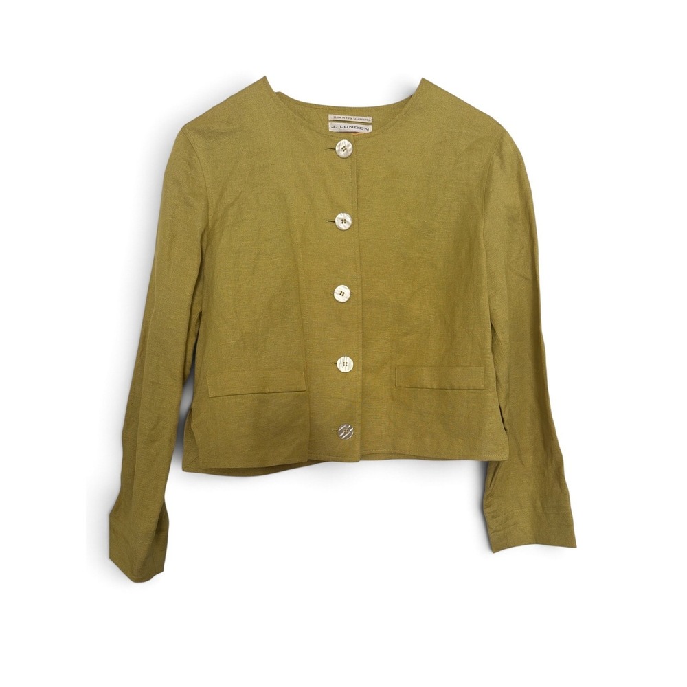J. London Womens Chartreuse Olive Green Linen Cropped Button Front Jacket size 8